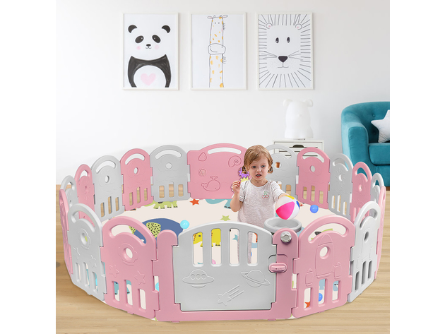 18-Panel Baby Playpen Kids Activity Center Playard w/Music Box & Basketball Hoop - Pink, Gray