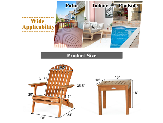 Costway 3 Piece  Patio Wooden Adirondack Chair Table Set Folding Seat Furniture Garden - Natural Finish