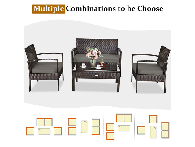 Costway 4 Piece Patio Rattan Wicker Furniture Set Brown Loveseat Sofa Cushioned Garden Yard