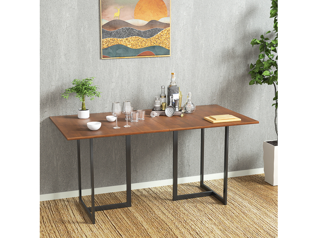 Costway 60'' Console Dining Table Rectangular Kitchen Table w/ Metal Frame and Wood Top - Brown