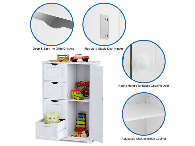 Costway Wooden 4 Drawer Bathroom Cabinet Storage Cupboard 2 Shelves Free Standing White