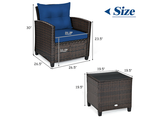 Costway 3PCS Patio Rattan Furniture Set Cushioned Conversation Set Coffee Table Navy - Navy