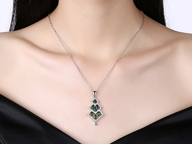 14K White Gold Christmas Tree Necklace with Pear-Cut Green Swarovski