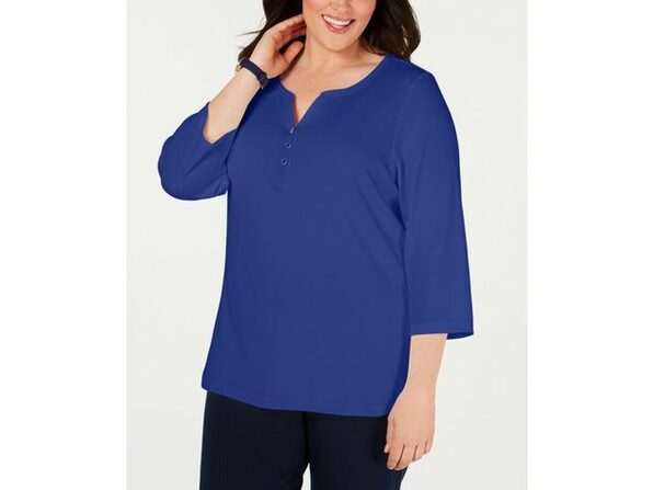Karen Scott Womens Plus Split Neck Three-Quarter Sleeves Pullover Top
