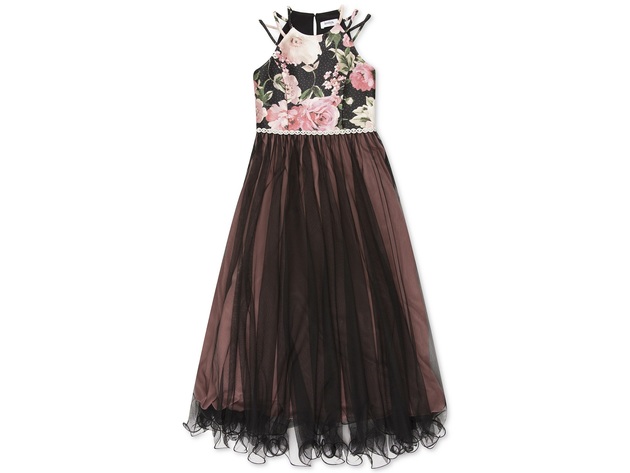 Speechless Big Girls Floral-Print Mesh Maxi Dress Black Size 16"