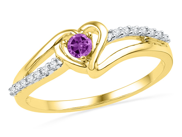 1/8 Carat (ctw) Lab Created Amethyst Heart Promise Ring with Diamonds in 10K Yellow Gold 