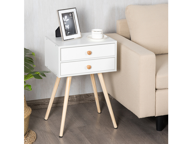 Costway 2PC Mid Century Modern 2 Drawers Nightstand In White Sofa Side Table End Table - White