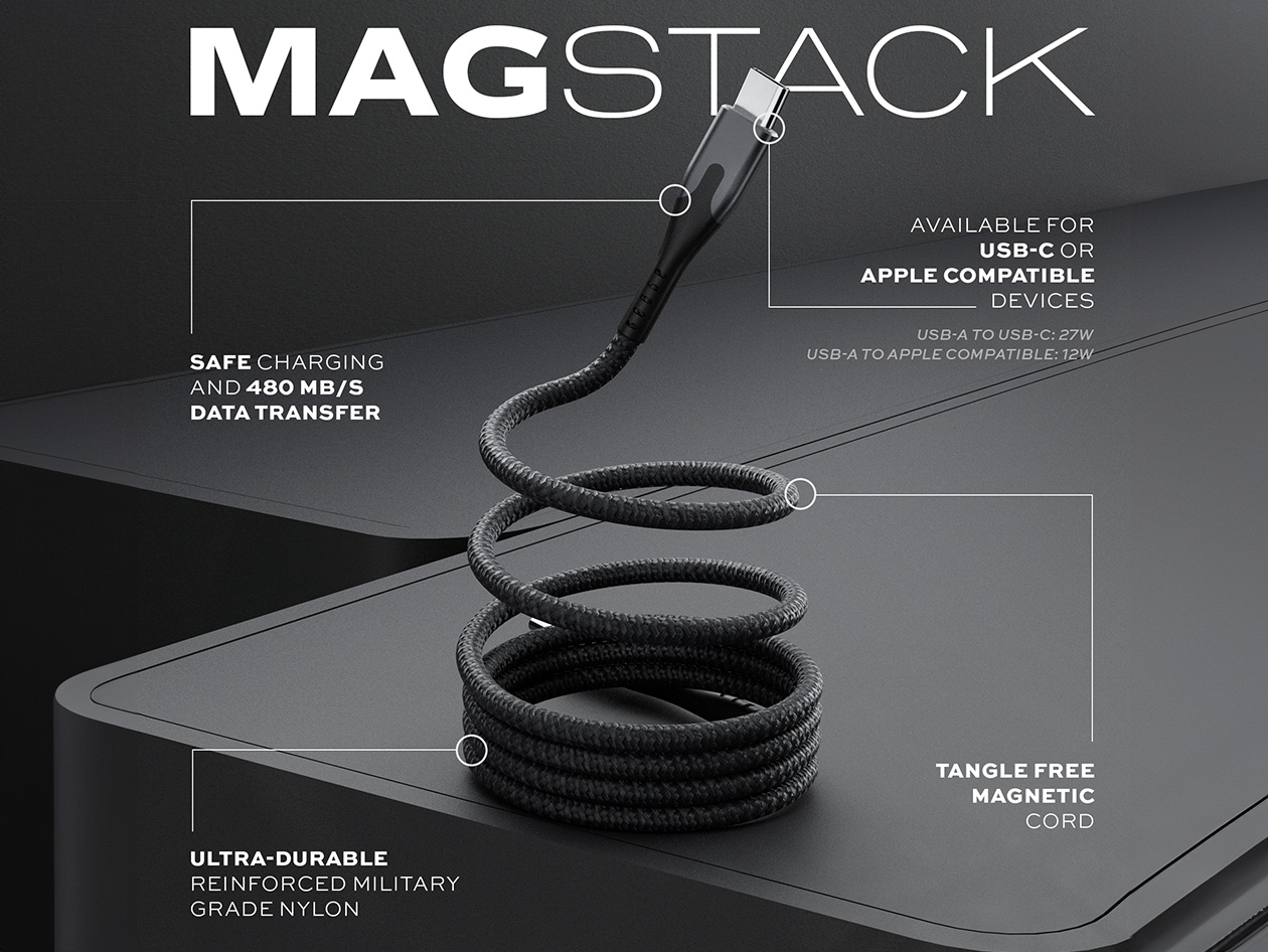 MagStack™ 6ft USB-A to USB-C Tangle-Free Magnetic Cables (4-Pack)