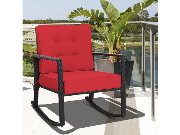 Costway Patio Rattan Rocker Chair Outdoor Glider Wicker Rocking Chair Cushion Lawn Red - Red/Black