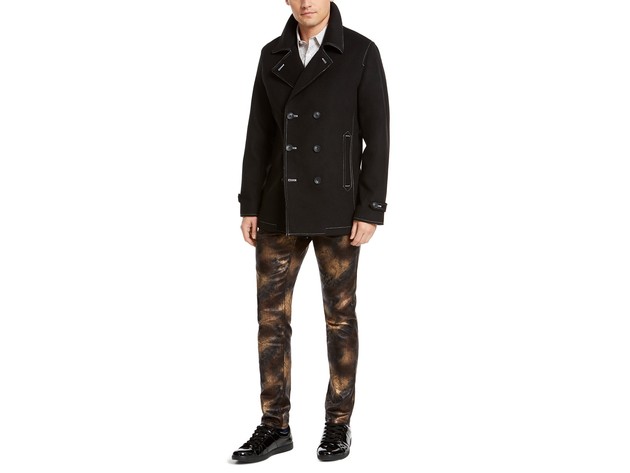 INC International Concepts Men's Contrast Top Stitch Pea Coat  Black Size Extra Large