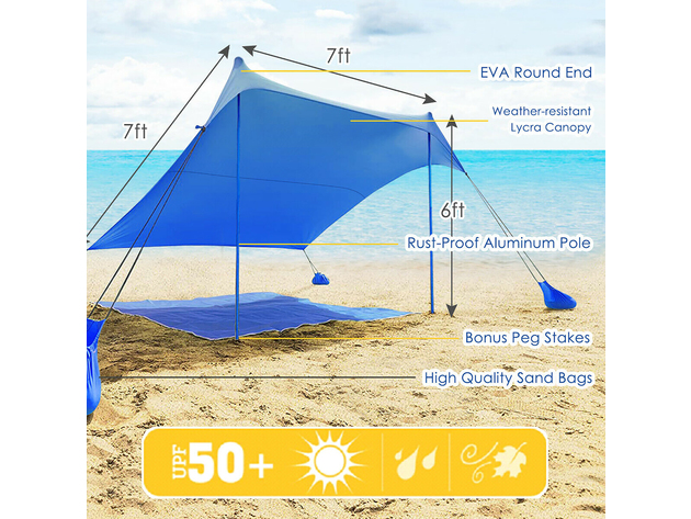 Costway Family Beach Tent Canopy w/ 4 Poles Sandbag Anchors 7'x7' UPF50+ - Blue