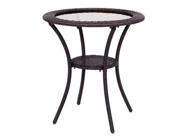 Costway Round Rattan Wicker Coffee Table Glass Top Steel Frame Patio Furni W/Lower Shelf - Brown