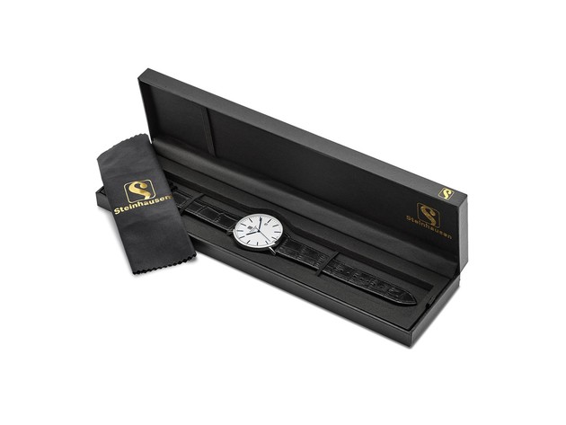 Steinhausen Mens Altdorf Rose IP-plated White Dial Black Strap Watch