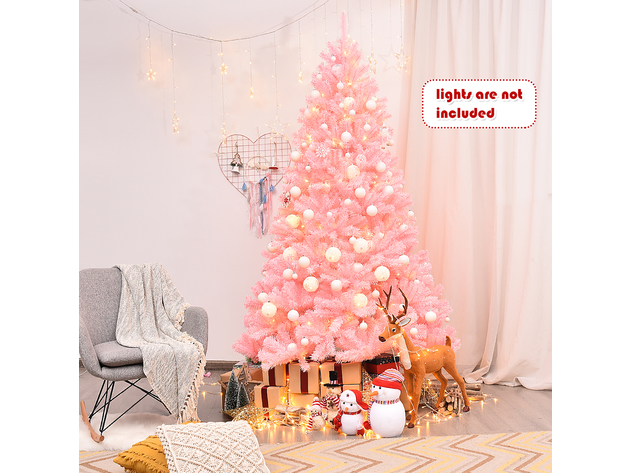 Costway 7.5Ft Hinged Artificial Christmas Tree Full Fir Tree New PVC w/ Metal Stand Pink - Pink