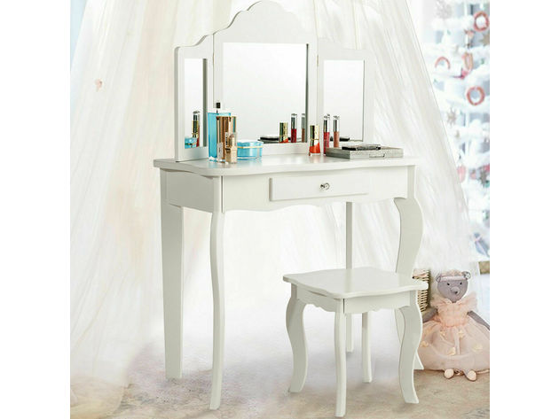 Costway Vanity Table Set Makeup Dressing Table Kids Stool Mirror White