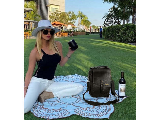 Black Insulated Genuine Leather Wine Carrier Bag & 2 Wine Tumblers. Wine Cooler Bag For Women & Men