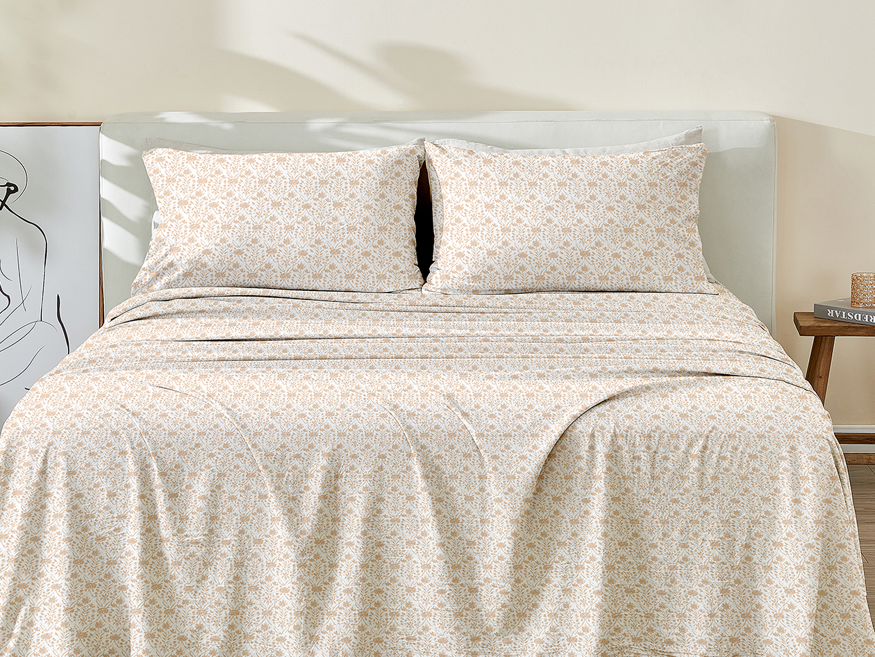 4-Piece Floral Print Microfiber Sheet Set (Diamond Taupe/Full)