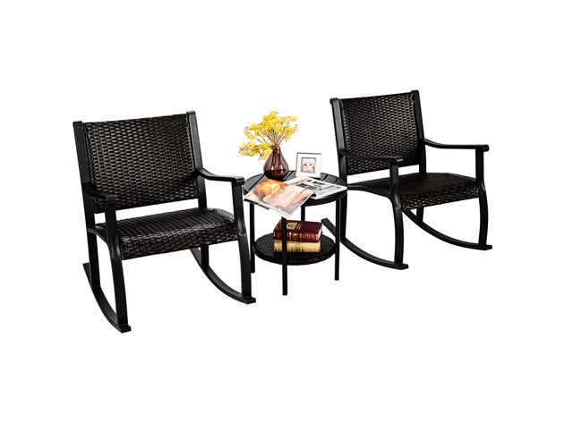 Costway 3 Piece Patio Rattan Rocking Chair Bistro Set Coffee Table Storage Shelf - Dark Brown