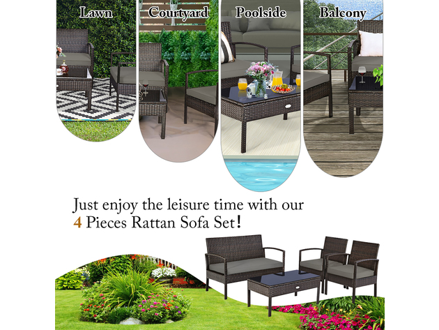 Costway 4 Piece Patio Rattan Wicker Furniture Set Brown Loveseat Sofa Cushioned Garden Yard