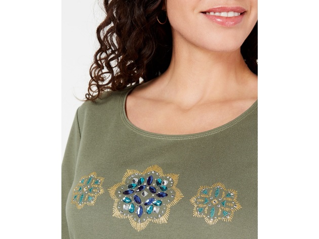 Karen Scott Women's Cotton Glitter Floral-Graphic Top  Green Size Large