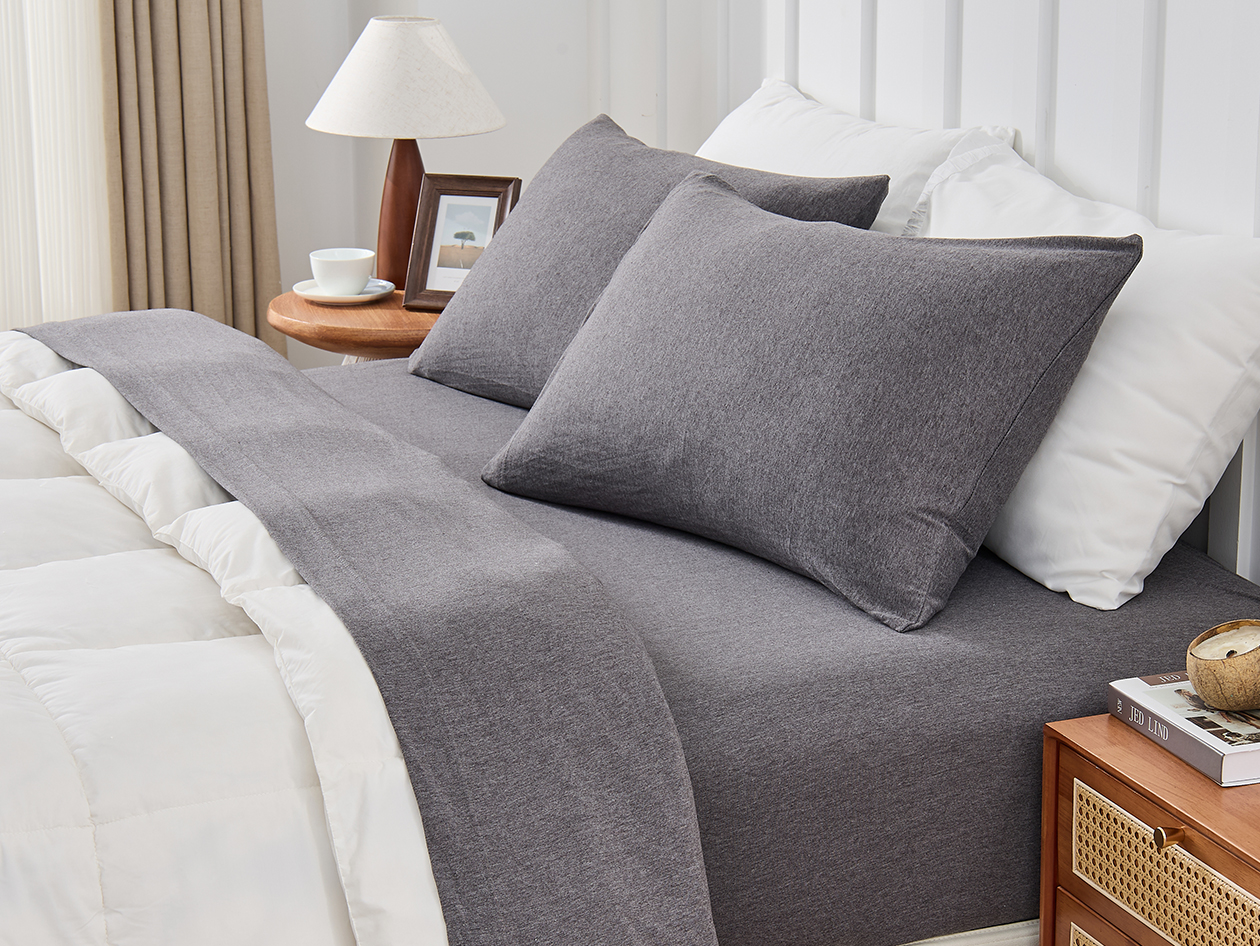 Kathy Ireland 4 Piece Heathered Jersey Knit Cotton Sheet Set (Full/Dark Gray)