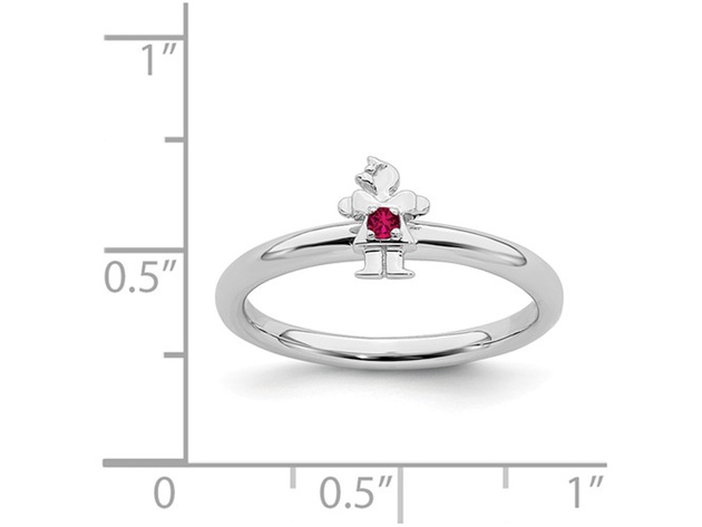 Sterling Silver Stackable Band Ring with Little Girl and Lab Created Ruby Accent - 8