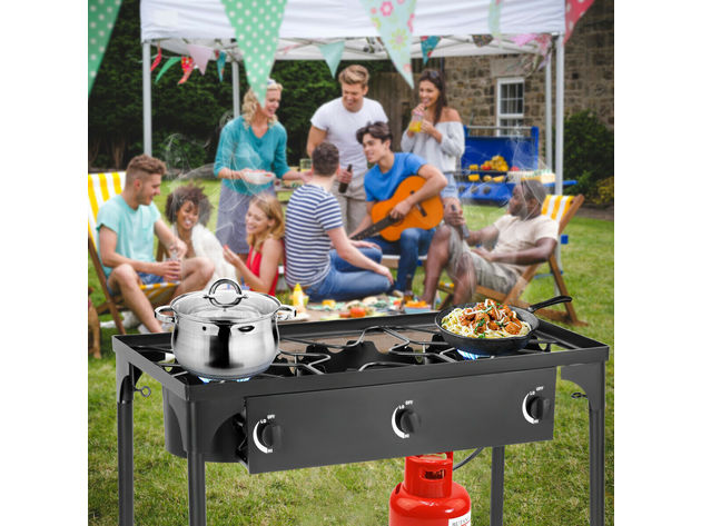 Goplus 225,000 BTU 3-Burner Propane Stove – Portable Outdoor Camp Cooker With BBQ Grate – Black