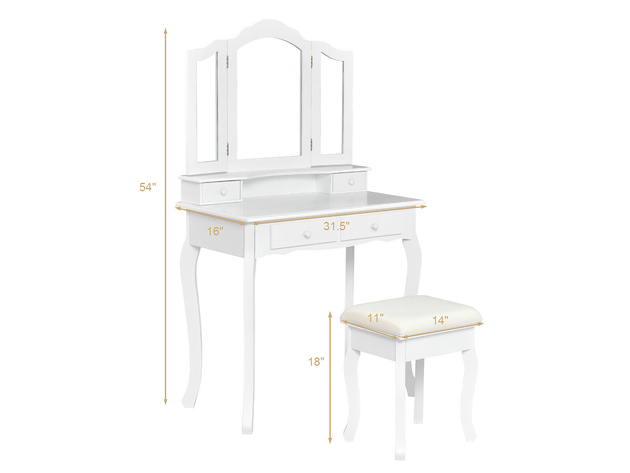 Costway Vanity Makeup Dressing Table Stool 4 Jewelry Wood Desk - White