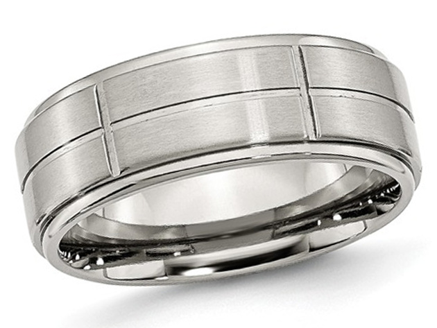 Mens Chisel 8mm Satin Stainless Steel Comfort Fit Grooved Brushed Wedding Band - 12.5