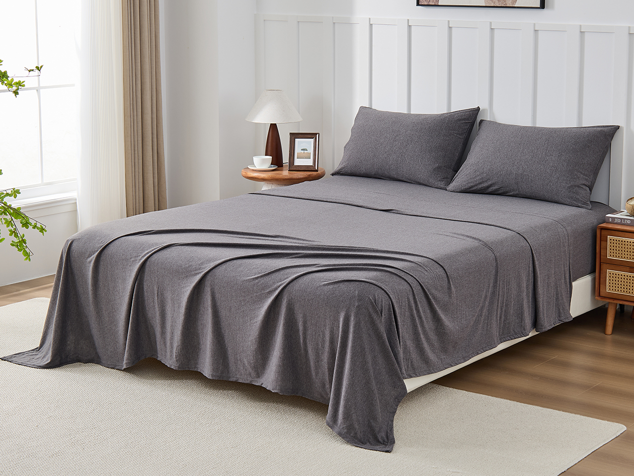 Kathy Ireland 4 Piece Heathered Jersey Knit Cotton Sheet Set (Full/Dark Gray)