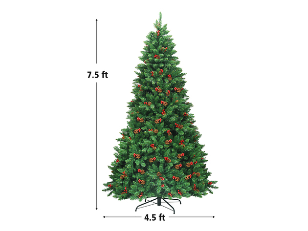 Costway 4.5Ft\6.5Ft\7.5Ft Pre-lit Hinged Christmas Tree w/ Pine Cones Red Berries and 300\450\450 LED Lights