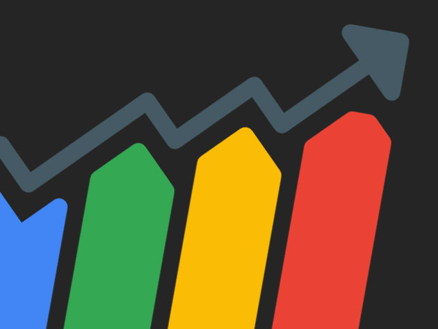 graph trending upward with bars of blue green yellow and red
