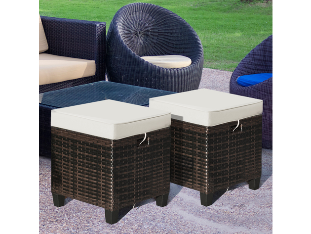 Costway 2 Piece Patio Rattan Ottoman Cushioned Seat Foot Rest Coffee Table - Brown