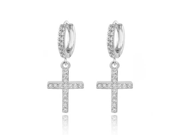Cross Dangle Earrings in Gold or Silver with White Diamond Cubic Zirconia