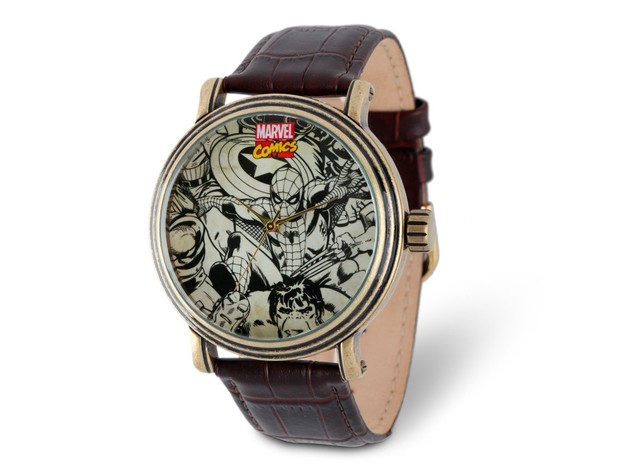 Marvel Adult Size Spiderman Antique Gold-tone Black Strap Watch