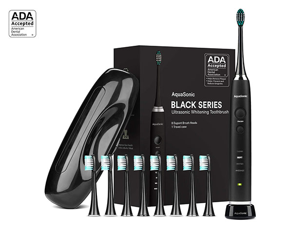 AquaSonic Black Series Toothbrush & Travel Case With 8 Dupont Brush Heads (2 Year Warranty)