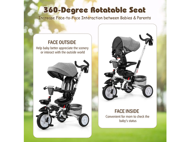 Costway 6-In-1 Kids Baby Stroller Tricycle Detachable Learning Toy Bike w/ Canopy Pink\Blue\Gray - Gray