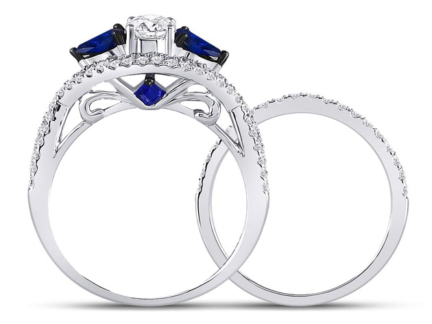 1.35 Carat (G-H, I1-I2) Diamond Engagement Ring Bridal Wedding Set in 14K White Gold with Blue Sapphires - 8.5