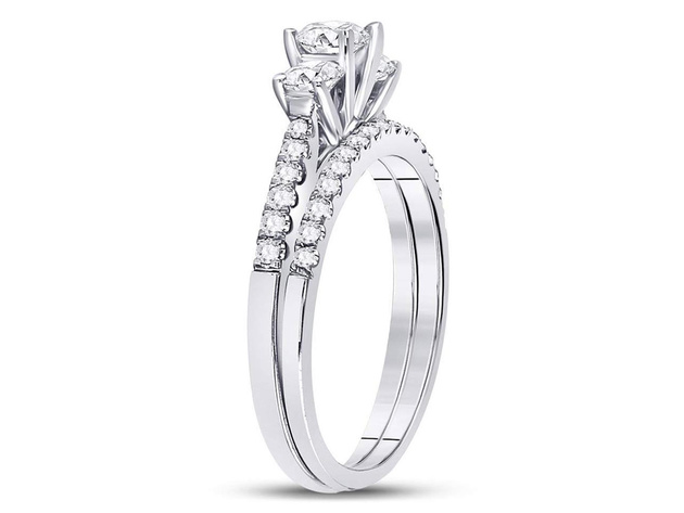1.00 Carat (ctw G-H, I1) Three Stone Diamond Engagement Ring Bridal Wedding Band Set 14K White Gold - 6