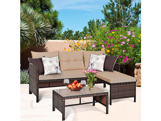 Costway 3 Piece Patio Wicker Rattan Sofa Set Outdoor Sectional Conversation Set Garden Lawn