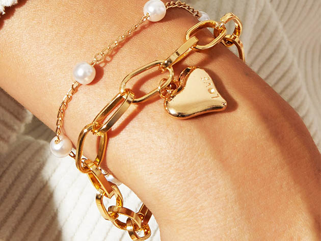 2-Piece Heart & Pearl Bracelet