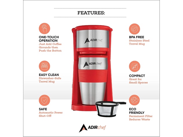 AdirChef Mini Travel Single Serve Coffee Maker & 15oz Travel Tumbler (Red)