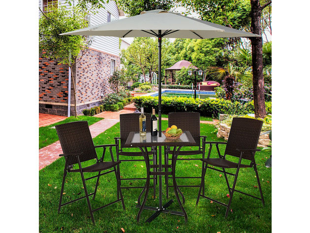 Costway Outdoor Patio Rattan Wicker Bar Square Table Glass Top Yard Garden Furniture Mix Brown
