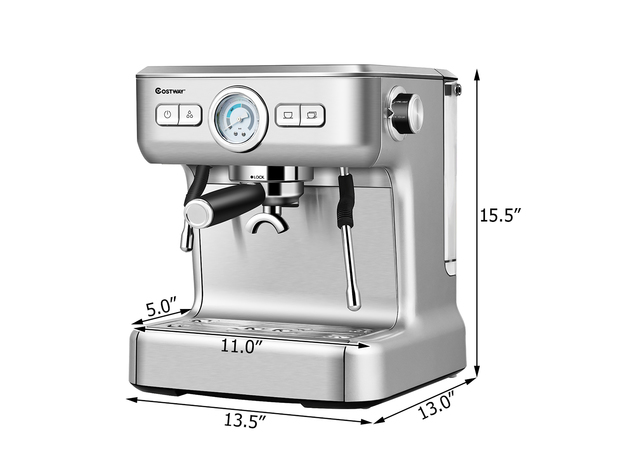 Costway Semi-Auto Espresso Machine Maker Water Tank Pump Pressure w/ Milk Frother Wand - Silver