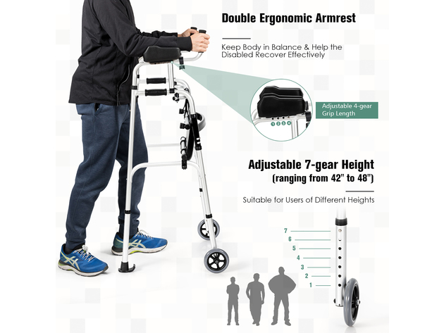 Costway Foldable Aluminum Alloy Walker Wheel Walking Frame W/ Seat & Armrest Pad - Silver