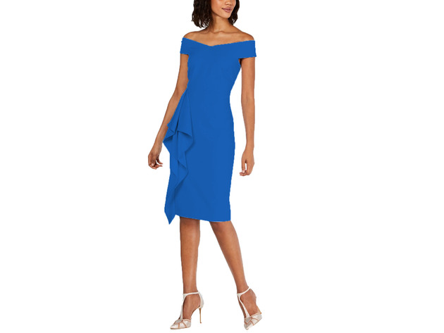 Vince Camuto Women's Off-The-Shoulder Side-Ruffle Sheath Dress Blue Size 4"