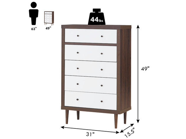 Costway 5 Drawer Dresser Wood Chest of Drawers Storage Freestanding Cabinet Organizer - White+ Walnut