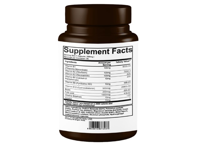 Pure Nutrition Vitamin B Complex with Biotin and Acid Folic 500mg - 90 Veg Capsules