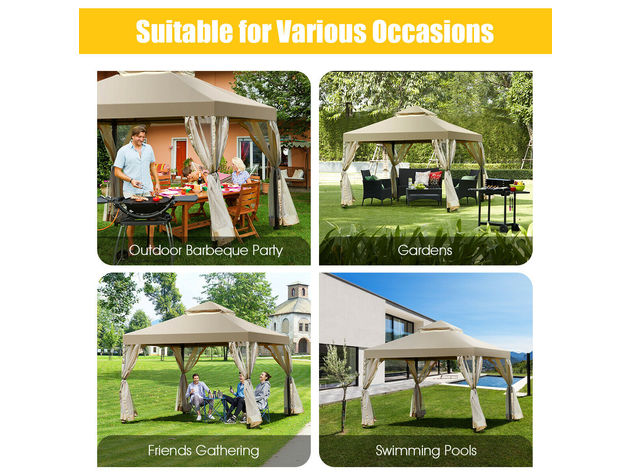 Costway Outdoor 2-Tier 10'x10' Gazebo Canopy Shelter Awning Tent Patio Garden Screw-free structure Brown