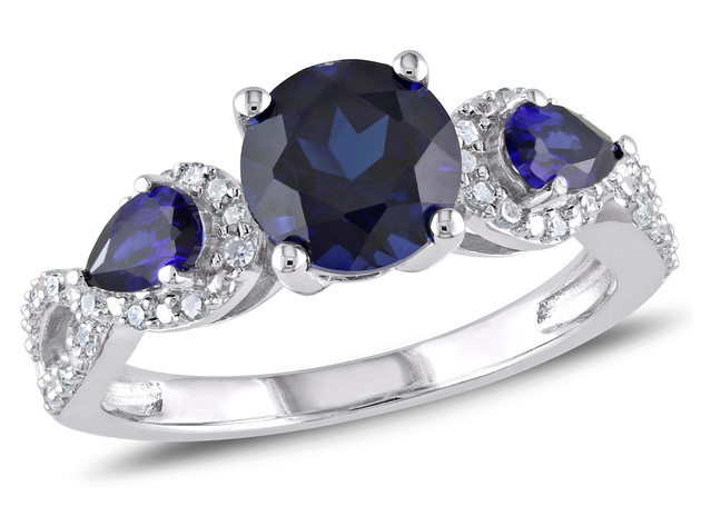 2.50 Carat (ctw) Lab Created Blue Sapphire Ring in Sterling Silver with Accent Diamonds - 9